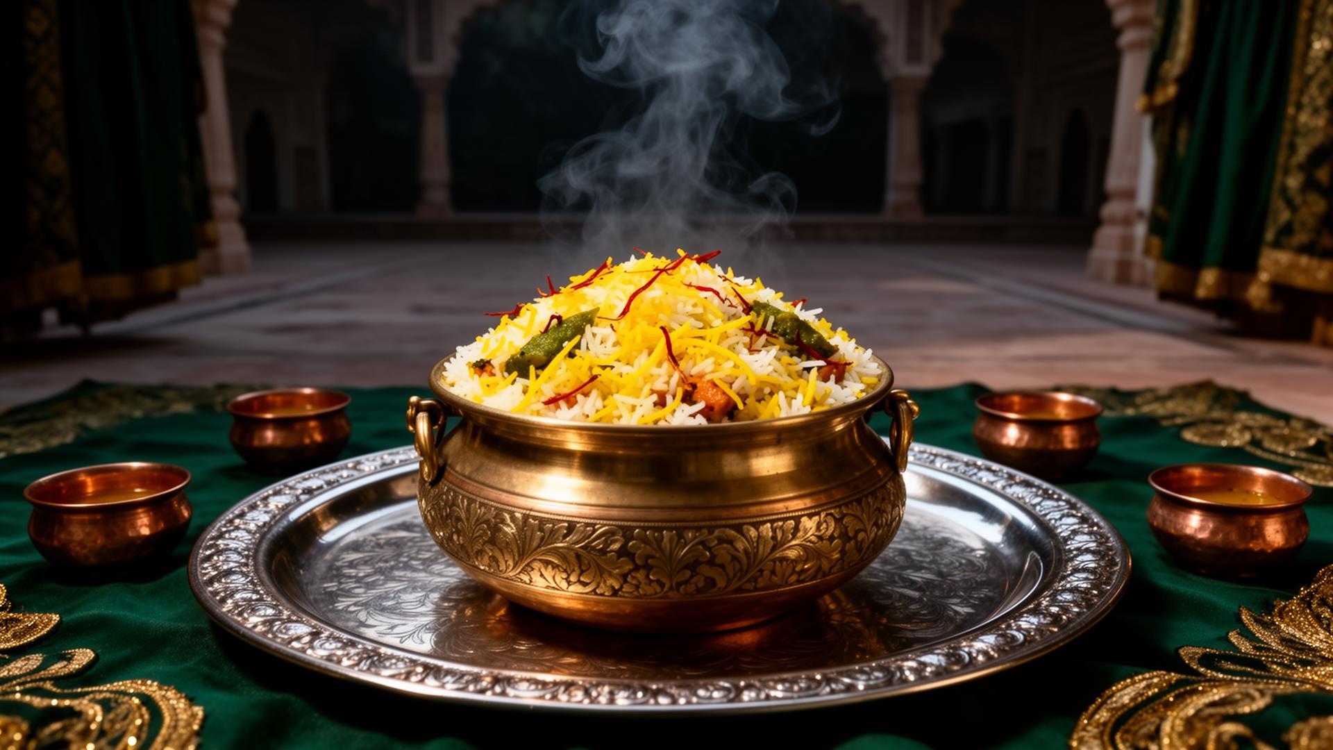 A brass handi of saffron vegetable biriyani steaming in a South Indian palace courtyard